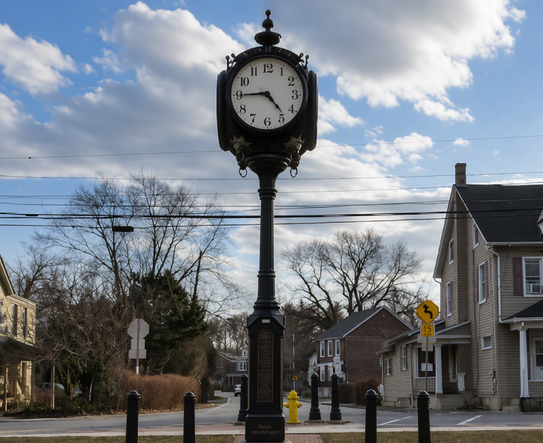 Ornate black clock tower in a small town square with leafless trees and residential houses in the background under a blue sky with clouds.