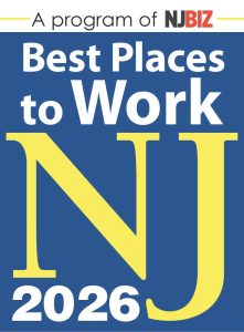 Poster announcing 'A program of NJBIZ' with bold white text 'Best Places to Work NJ 2026' on a blue background and large yellow 'NJ' initials.