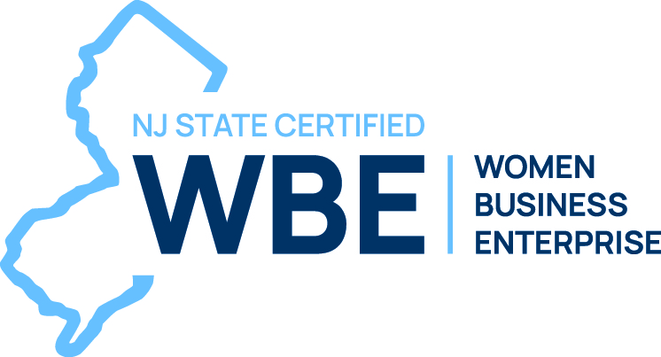 NJ State Certified WBE logo featuring a light-blue outline of New Jersey and bold navy 'WBE' with 'Women Business Enterprise' text to the right.