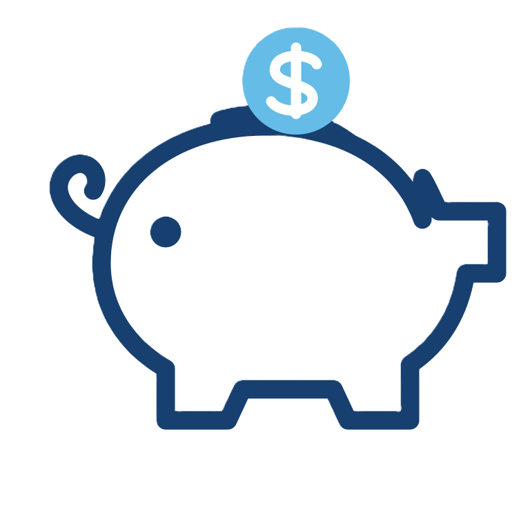 Blue outline piggy bank with a blue dollar-coin perched on its top, symbolizing savings