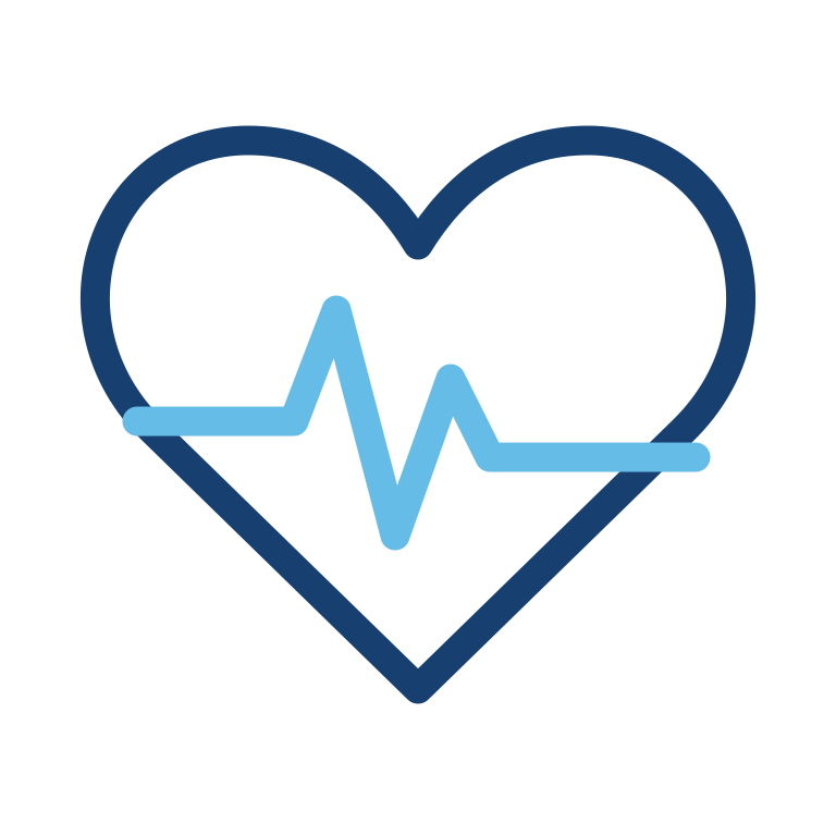 Blue heart outline with a light blue heartbeat line through it, symbolizing heart health.