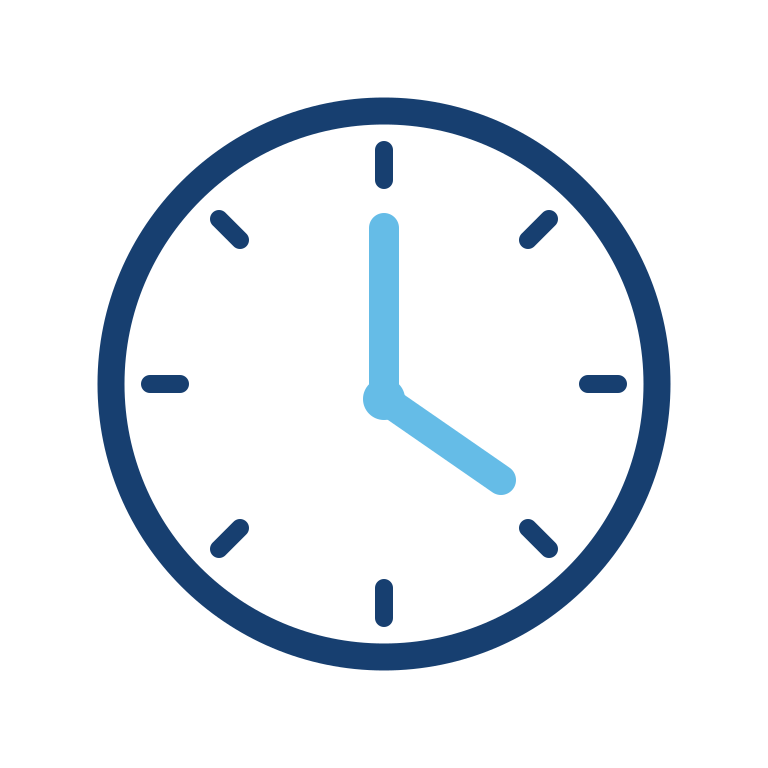Round clock icon with a dark blue border and light blue hands showing time, on white background