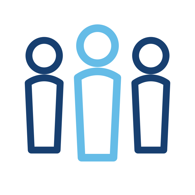 Three abstract human figures standing together; center figure in light blue, symbolizing a team.