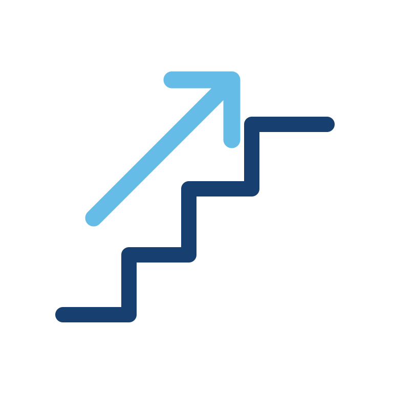 Blue stair-step graphic with a light-blue upward arrow indicating growth.